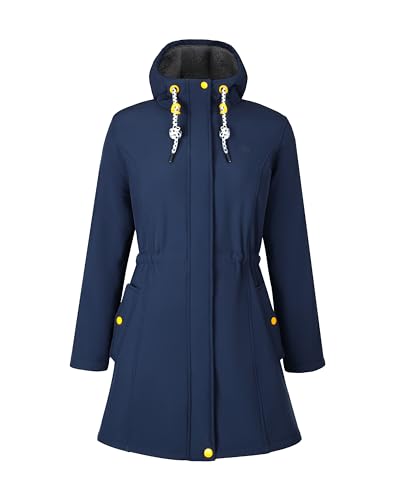 ATLASLAVA Softshelljacke Damen Lang Fleece übergangsjacke Softshellmantel Winterjacke mit Kapuze Wasserabweisend Atmungsaktiv Warm Navy blau L von ATLASLAVA