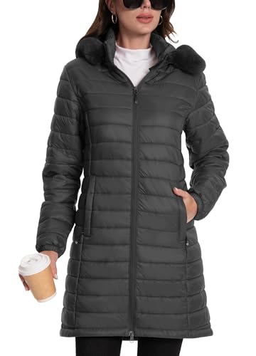 ATLASLAVA Damen Winterjacke Lang Wintermantel Steppjacke Übergangsjacke Daunenjacke Wasserdicht Warm Leichte Kapuze Frauen Winter Mantel Outdoor Dunkelgrau L von ATLASLAVA