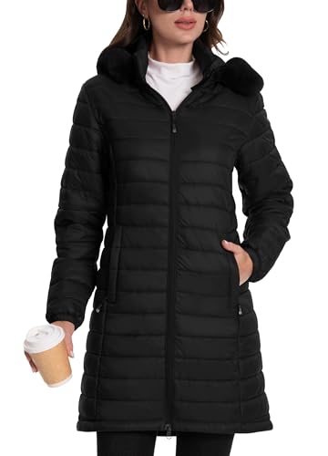 ATLASLAVA Damen Winterjacke Lang Wintermantel Steppjacke Übergangsjacke Daunenjacke Wasserdicht Warm Leichte Kapuze Frauen Winter Mantel Outdoor Schwarz L von ATLASLAVA