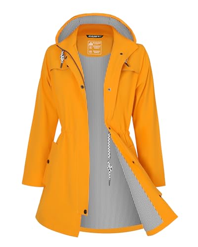 ATLASLAVA Regenjacke Damen Wasserdicht Kapuze übergangsjacke Lang mit Atmungsaktiv Futter Trenchcoat Windbreaker Gelb XL von ATLASLAVA