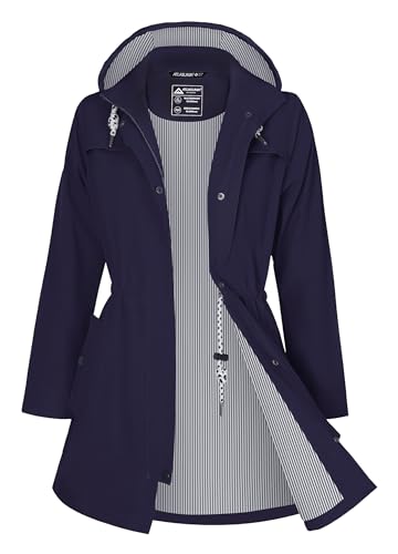 ATLASLAVA Leichte Regenjacke Damen Lang mit Kapuze Wasserdicht Atmungsaktiv Regenmantel übergangsjacke Trenchcoat Navy Blau 2XL von ATLASLAVA