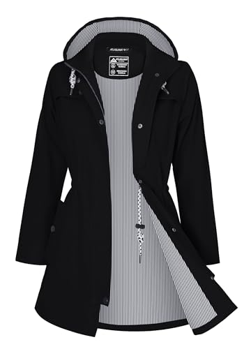 ATLASLAVA Regenjacke Damen Wasserdicht Kapuze übergangsjacke Lang mit Atmungsaktiv Futter Trenchcoat Windbreaker Schwarz 2XL von ATLASLAVA