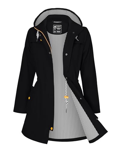 ATLASLAVA Leichte Regenjacke Damen Lang mit Kapuze Wasserdicht Atmungsaktiv Regenmantel übergangsjacke Trenchcoat Schwarz L von ATLASLAVA