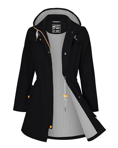 ATLASLAVA Leichte Regenjacke Damen Lang mit Kapuze Wasserdicht Atmungsaktiv Regenmantel übergangsjacke Trenchcoat Schwarz S von ATLASLAVA