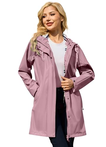ATLASLAVA Regenjacke Damen Wasserdicht Lange Atmungsaktiv Regenmantel Gefütterte Windbreaker Übergangsjacke PU Outdoor Wandern Softshelljacke von ATLASLAVA