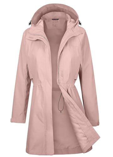 ATLASLAVA Regenmantel Damen Regenjacke wasserdicht Lang mit Kapuze Gefütterte Mantel Windbreaker Leicht Outdoor Jacke Rosa XL von ATLASLAVA
