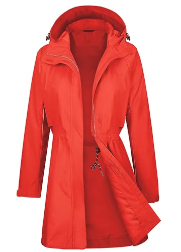 ATLASLAVA Regenmantel Damen Regenjacke wasserdicht Lang mit Kapuze Gefütterte Mantel Windbreaker Leicht Outdoor Jacke Rot M von ATLASLAVA