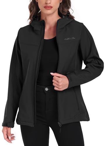 ATLASLAVA Softshelljacke Damen übergangsjacke Leichte softshellmantel Wasserdicht Atmungsaktiv Winddichte mit Kapuze für Outdoor Wandern Jogging Walking Schwarz L von ATLASLAVA