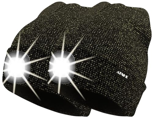 ATNKE 2Pcs Neue Warme LED beleuchtete Mütze,Unisex USB wiederaufladbare Laufmütze Ultra Bright 4 LED wasserdichte Lichtlampe Mehrfarbig/Blended Black Goldwire von ATNKE