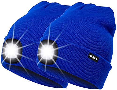 ATNKE 2Pcs Neue Warme LED beleuchtete Mütze,Unisex USB wiederaufladbare Laufmütze Ultra Bright 4 LED wasserdichte Lichtlampe Mehrfarbig/Blue von ATNKE