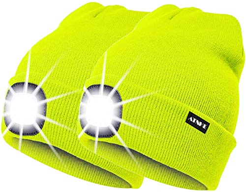 ATNKE 2Pcs Neue Warme LED beleuchtete Mütze,Unisex USB wiederaufladbare Laufmütze Ultra Bright 4 LED wasserdichte Lichtlampe Mehrfarbig/Fluorescent Yellow von ATNKE