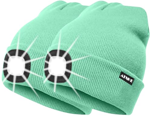 ATNKE 2Pcs Neue Warme LED beleuchtete Mütze,Unisex USB wiederaufladbare Laufmütze Ultra Bright 4 LED wasserdichte Lichtlampe Mehrfarbig/Fruit Green von ATNKE