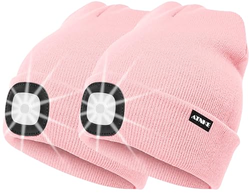 ATNKE 2Pcs Neue Warme LED beleuchtete Mütze,Unisex USB wiederaufladbare Laufmütze Ultra Bright 4 LED wasserdichte Lichtlampe Mehrfarbig/Light Pink von ATNKE