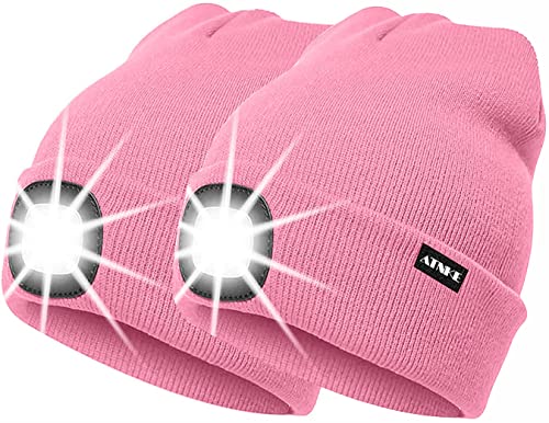 ATNKE 2Pcs Neue Warme LED beleuchtete Mütze,Unisex USB wiederaufladbare Laufmütze Ultra Bright 4 LED wasserdichte Lichtlampe Mehrfarbig/Pink von ATNKE