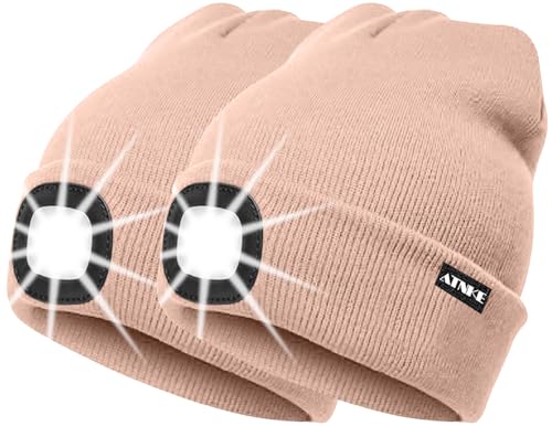 ATNKE 2Pcs Neue Warme LED beleuchtete Mütze,Unisex USB wiederaufladbare Laufmütze Ultra Bright 4 LED wasserdichte Lichtlampe Mehrfarbig/Skin Pink von ATNKE