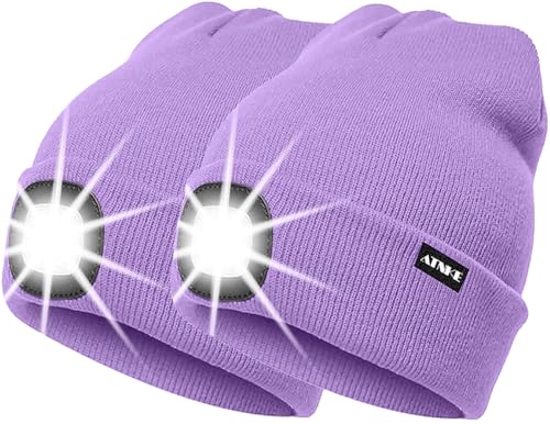 ATNKE 2Pcs Neue Warme LED beleuchtete Mütze,Unisex USB wiederaufladbare Laufmütze Ultra Bright 4 LED wasserdichte Lichtlampe Mehrfarbig/Taro Purple von ATNKE