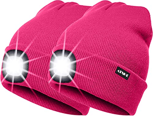 ATNKE 2Pcs Neue Warme LED beleuchtete Mütze,Unisex USB wiederaufladbare Laufmütze Ultra Bright 4 LED wasserdichte Lichtlampe Mehrfarbig (Rose Rot, Einheitsgröße) von ATNKE