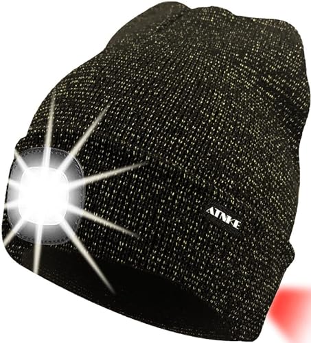ATNKE 8LED beleuchtete Strickmütze, wiederaufladbare USB-Scheinwerferkappe mit extrem Heller, wasserdichter Lampe und Blinkender Alarm Rotes Rücklicht Multi-Color/Blended Black Goldwire von ATNKE