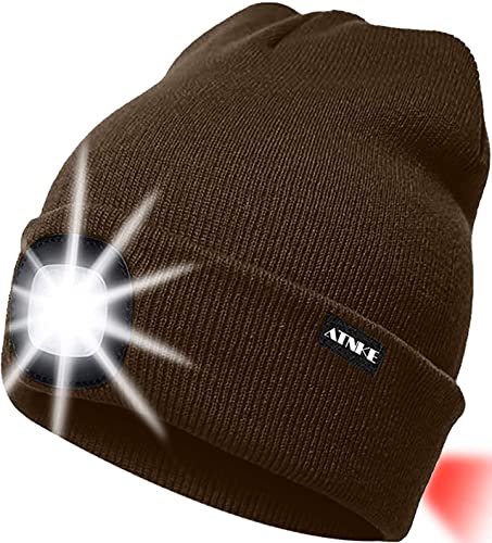 ATNKE 8LED beleuchtete Strickmütze, wiederaufladbare USB-Scheinwerferkappe mit extrem Heller, wasserdichter Lampe und Blinkender Alarm Rotes Rücklicht Multi-Color/Brown von ATNKE