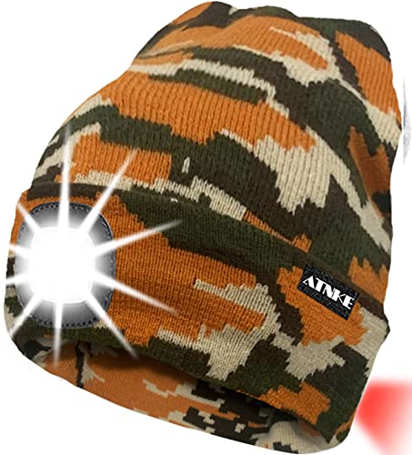 ATNKE 8LED beleuchtete Strickmütze, wiederaufladbare USB-Scheinwerferkappe mit extrem Heller, wasserdichter Lampe und Blinkender Alarm Rotes Rücklicht Multi-Color/Camouflage Yellow von ATNKE