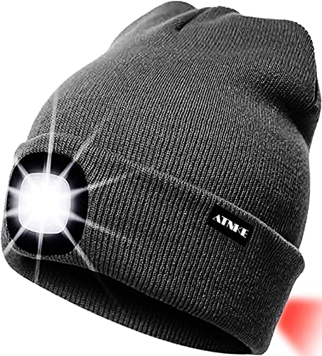 ATNKE 8LED beleuchtete Strickmütze, wiederaufladbare USB-Scheinwerferkappe mit extrem Heller, wasserdichter Lampe und Blinkender Alarm Rotes Rücklicht Multi-Color/Dark Grey von ATNKE