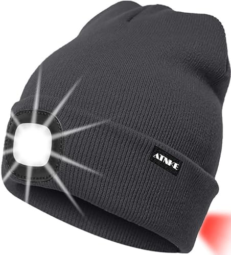 ATNKE 8LED beleuchtete Strickmütze, wiederaufladbare USB-Scheinwerferkappe mit extrem Heller, wasserdichter Lampe und Blinkender Alarm Rotes Rücklicht Multi-Color/Noble Gray von ATNKE