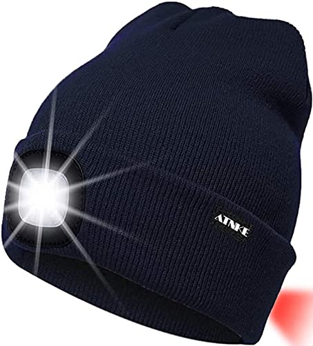 ATNKE 8LED beleuchtete Strickmütze, wiederaufladbare USB-Scheinwerferkappe mit extrem Heller, wasserdichter Lampe und Blinkender Alarm Rotes Rücklicht Multi-Color/Navy Blue von ATNKE