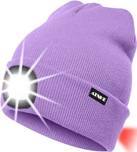 ATNKE 8LED beleuchtete Strickmütze, wiederaufladbare USB-Scheinwerferkappe mit extrem Heller, wasserdichter Lampe und Blinkender Alarm Rotes Rücklicht Multi-Color/Taro Purple von ATNKE