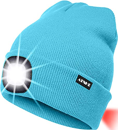 ATNKE 8LED beleuchtete Strickmütze, wiederaufladbare USB-Scheinwerferkappe mit extrem Heller, wasserdichter Lampe und Blinkender Alarm Rotes Rücklicht Multi-Color (Hell Blau) von ATNKE