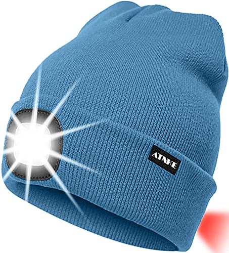 ATNKE 8LED beleuchtete Strickmütze, wiederaufladbare USB-Scheinwerferkappe mit extrem Heller, wasserdichter Lampe und Blinkender Alarm Rotes Rücklicht Multi-Color (Magnolien Blau) von ATNKE