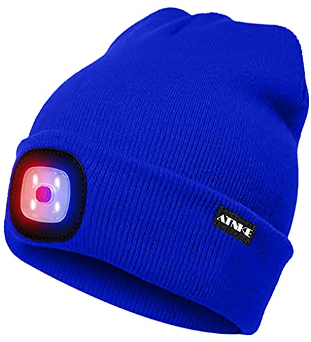 ATNKE LED Beleuchtete Mütze,Wiederaufladbare USB 4 LED Rot und Blau Leuchten Blinkender Laufmütze mit Licht Extrem Heller Lampe Winter Warme für Herren und Damen Geschenke/Blue von ATNKE