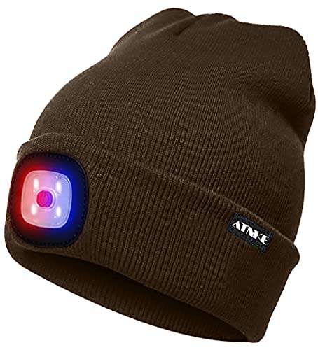 ATNKE LED Beleuchtete Mütze,Wiederaufladbare USB 4 LED Rot und Blau Leuchten Blinkender Laufmütze mit Licht Extrem Heller Lampe Winter Warme für Herren und Damen Geschenke/Coffee von ATNKE