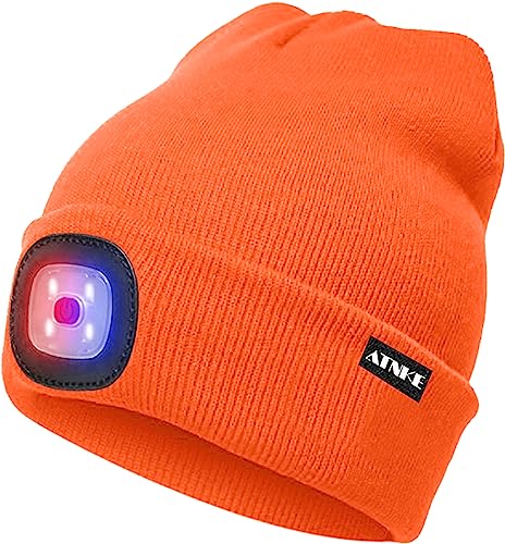 ATNKE LED Beleuchtete Mütze,Wiederaufladbare USB 4 LED Rot und Blau Leuchten Blinkender Laufmütze mit Licht Extrem Heller Lampe Winter Warme für Herren und Damen Geschenke/Bright orange von ATNKE