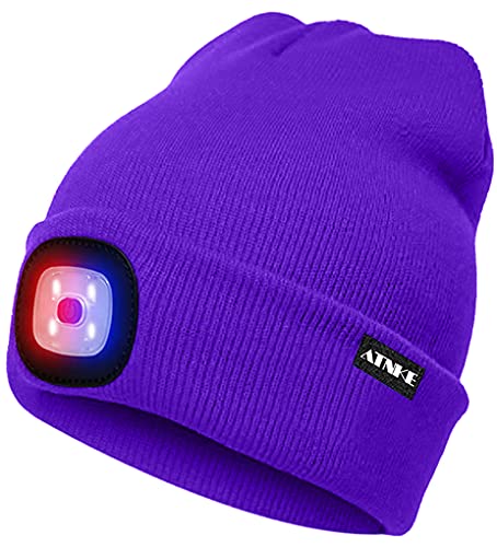 ATNKE LED Beleuchtete Mütze,Wiederaufladbare USB 4 LED Rot und Blau Leuchten Blinkender Laufmütze mit Licht Extrem Heller Lampe Winter Warme für Herren und Damen Geschenke/Purple von ATNKE