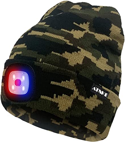 ATNKE LED Beleuchtete Mütze,Wiederaufladbare USB 4 LED Rot und Blau Leuchten Blinkender Laufmütze mit Licht Extrem Heller Lampe Winter Warme für Herren und Damen Geschenke/Camouflage Green von ATNKE