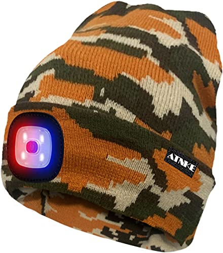 ATNKE LED Beleuchtete Mütze,Wiederaufladbare USB 4 LED Rot und Blau Leuchten Blinkender Laufmütze mit Licht Extrem Heller Lampe Winter Warme für Herren und Damen Geschenke/Camouflage Yellow von ATNKE