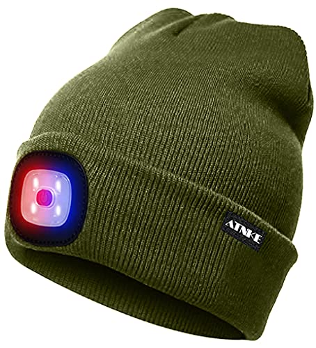 ATNKE LED Beleuchtete Mütze,Wiederaufladbare USB 4 LED Rot und Blau Leuchten Blinkender Laufmütze mit Licht Extrem Heller Lampe Winter Warme für Herren und Damen Geschenke/ArmyGreen von ATNKE