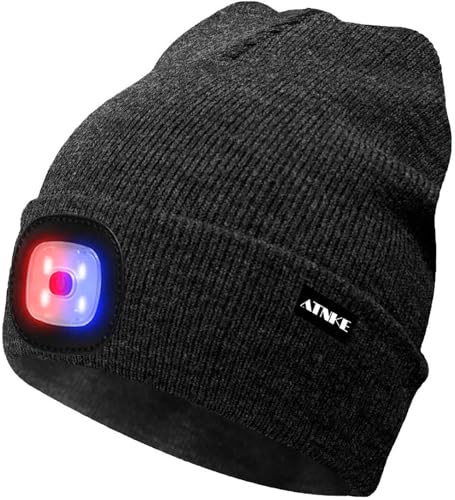 ATNKE LED Beleuchtete Mütze,Wiederaufladbare USB 4 LED Rot und Blau Leuchten Blinkender Laufmütze mit Licht Extrem Heller Lampe Winter Warme für Herren und Damen Geschenke/Dark Grey von ATNKE