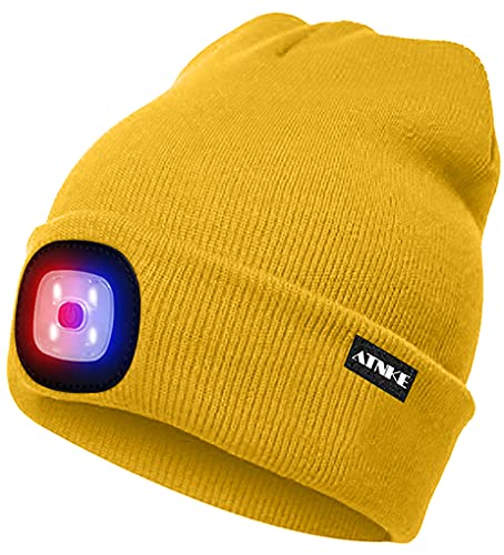 ATNKE LED Beleuchtete Mütze,Wiederaufladbare USB 4 LED Rot und Blau Leuchten Blinkender Laufmütze mit Licht Extrem Heller Lampe Winter Warme für Herren und Damen Geschenke/Yellow von ATNKE