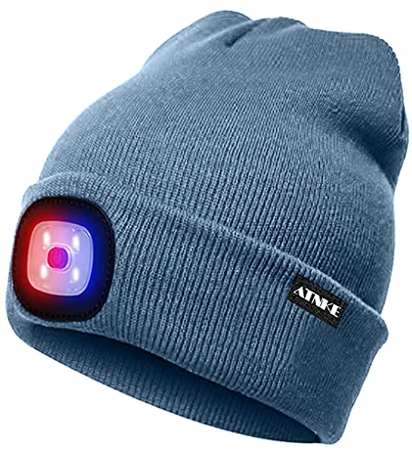 ATNKE LED Beleuchtete Mütze,Wiederaufladbare USB 4 LED Rot und Blau Leuchten Blinkender Laufmütze mit Licht Extrem Heller Lampe Winter Warme für Herren und Damen Geschenke/Shadow Blue von ATNKE