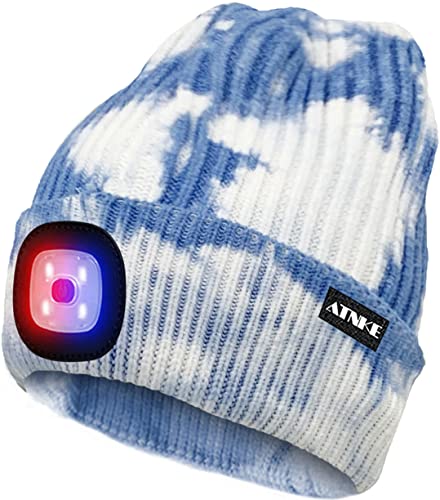 ATNKE LED Beleuchtete Mütze,Wiederaufladbare USB 4 LED Rot und Blau Leuchten Blinkender Laufmütze mit Licht Extrem Heller Lampe Winter Warme für Herren und Damen Geschenke/Tie Dye Blue von ATNKE