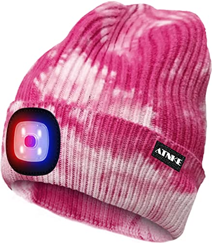 ATNKE LED Beleuchtete Mütze,Wiederaufladbare USB 4 LED Rot und Blau Leuchten Blinkender Laufmütze mit Licht Extrem Heller Lampe Winter Warme für Herren und Damen Geschenke/Tie Dye Pink von ATNKE