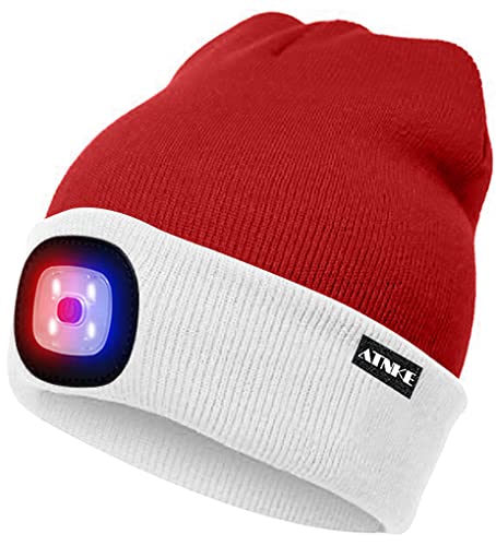 ATNKE LED Beleuchtete Mütze,Wiederaufladbare USB 4 LED Rot und Blau Leuchten Blinkender Laufmütze mit Licht Extrem Heller Lampe Winter Warme für Herren und Damen Geschenke/White/Red Christmas von ATNKE