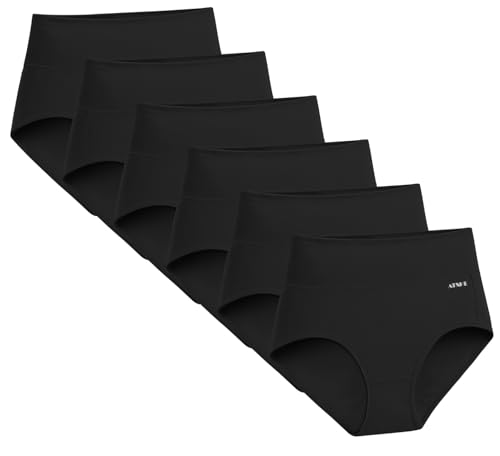 ATNKE Damen Baumwolle Unterhosen, Hohe Taille Vollständige Abdeckung Taillen Slips Weich Atmungsaktiv Leicht Bauchkontrolle Höschen 6er Pack (Normal und Übergröße)/Black-6 Pack/XL von ATNKE