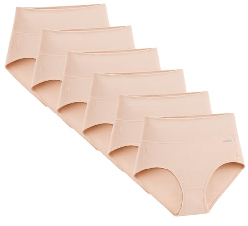 ATNKE Damen Baumwolle Unterhosen, Hohe Taille Vollständige Abdeckung Taillen Slips Weich Atmungsaktiv Leicht Bauchkontrolle Höschen 6er Pack (Normal und Übergröße)/Nude-6 Pack/3XL von ATNKE