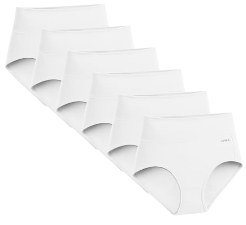 ATNKE Damen Baumwolle Unterhosen, Hohe Taille Vollständige Abdeckung Taillen Slips Weich Atmungsaktiv Leicht Bauchkontrolle Höschen 6er Pack (Normal und Übergröße)/White-6 Pack/L von ATNKE