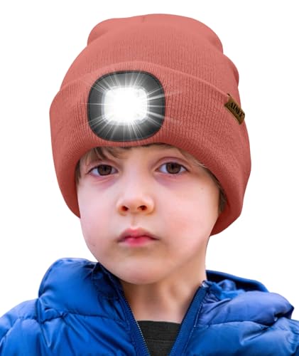 ATNKE Kids LED Beleuchtete Mütze mit Licht,Wiederaufladbare USB 4 LED Laufmütze Extrem Heller Lampe Winter Warme Stricken Mütze Großartig Geschenke für Jungen und Mädchen/Bean Paste Powder von ATNKE