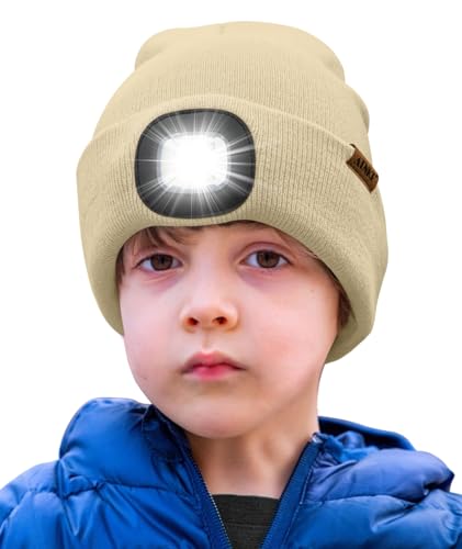 ATNKE Kids LED Beleuchtete Mütze mit Licht,Wiederaufladbare USB 4 LED Laufmütze Extrem Heller Lampe Winter Warme Stricken Mütze Großartig Geschenke für Jungen und Mädchen/Beige von ATNKE