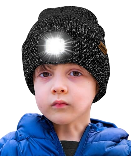 ATNKE Kids LED Beleuchtete Mütze mit Licht,Wiederaufladbare USB 4 LED Laufmütze Extrem Heller Lampe Winter Warme Stricken Mütze Großartig Geschenke für Jungen und Mädchen/Blended Black Goldwire von ATNKE