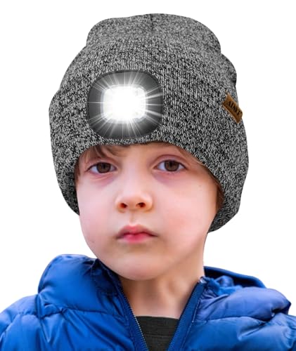 ATNKE Kids LED Beleuchtete Mütze mit Licht,Wiederaufladbare USB 4 LED Laufmütze Extrem Heller Lampe Winter Warme Stricken Mütze Großartig Geschenke für Jungen und Mädchen/Blended Black White von ATNKE